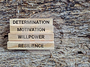 Inspirational and motivational words of determination motivation willpower resilience. Stock photo.