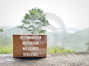 Inspirational and motivational words of determination motivation willpower resilience. Stock photo.