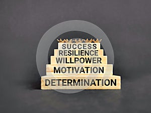 Inspirational and motivational words of determination motivation willpower resilience success. Stock photo.