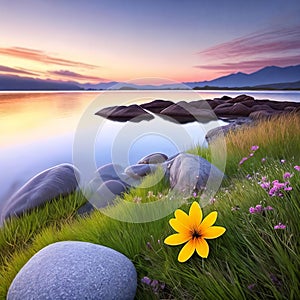 Inspirational Nature. A serene landscape photograph of a peaceful meadow at sunrise with a single flower