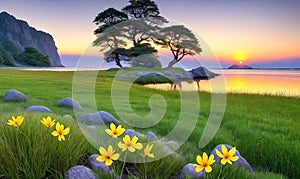 Inspirational Nature. A serene landscape photograph of a peaceful meadow at sunrise with a single flower