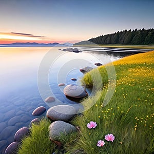 Inspirational Nature. A serene landscape photograph of a peaceful meadow at sunrise with a single flower