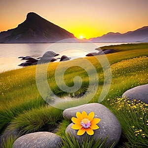 Inspirational Nature. A serene landscape photograph of a peaceful meadow at sunrise with a single flower