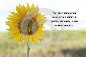 Inspirational quote - Be the reason someone feels seen, heard, and supported. On soft yellow background of sunflower in field. photo