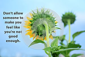 Inspirational quote - Do not allow someone to make you feel like you are not good enough. With back of sunflower blooming.