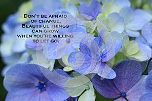 Inspirational quote - Do not be afraid of change. Beautiful things can grow when you are willing to let go. Motivational words.