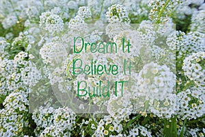 Inspirational quote â€œ DREAM IT BELIEVE IT BUILD ITâ€  on beautiful flower background