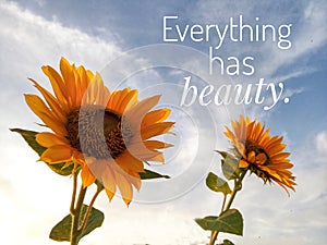 Inspirational quote - Everything has beauty. With two beautiful sunflowers blossom on white clouds and bright blue sky background