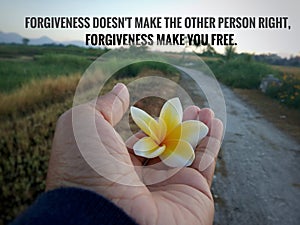 Inspirational quote - forgiveness does not make the other person right. Forgiveness make you free. With  flower in the hand.