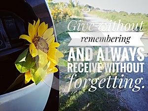 Inspirational quote - Give without remembering and always receive without forgetting. with yellow sunflower flower in bike drawer.