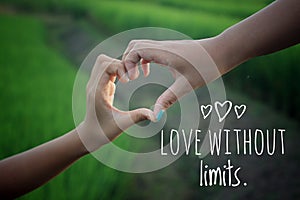 Inspirational quote - Love without limits. With hands making love sign in the field on green paddy plants background. .
