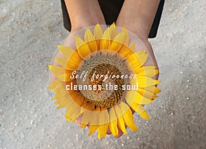 Inspirational quote - Self forgiveness cleanses the soul. With background of sunflower blossom in open hands. Forgiving words.