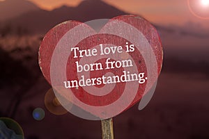 Inspirational quote - True love is born from understanding. Text message on light red sign board with heart shaped. Love care.