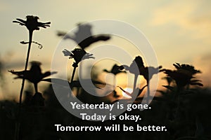 Inspirational quote - Yesterday is gone. Today is okay. Tomorrow will be better. On beautiful sunset light behind flower plants.