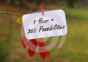 Inspirational quotes - 1 year = 365 possibilities. Blurry background.