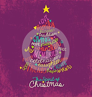 Inspirational word cloud Christmas tree greeting card design