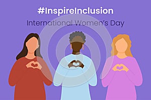 Inspire Inclusion slogan International Women's Day 8 march 2024. Iwd world campaign. Vector women's characters