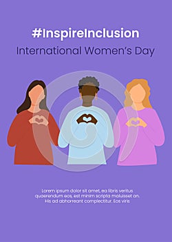 Inspire Inclusion slogan International Women's Day 8 march 2024. Iwd world campaign. Vector women's characters
