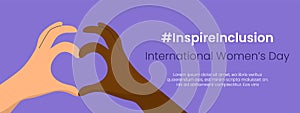 Inspire Inclusion slogan International Women's Day 8 march 2024. Iwd world campaign. Vector women's hands on