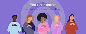 Inspire Inclusion slogan International Women's Day 8 march 2024. Iwd world campaign. Vector women's characters photo