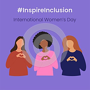 Inspire Inclusion slogan International Women's Day 8 march 2024. Iwd world campaign. Vector women's characters photo