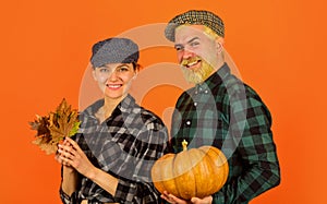 Inspired by autumn nature. Autumn family harvest. Happy Thanksgiving day. Happy halloween. couple hold pumpkin. man and