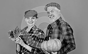 Inspired by autumn nature. Autumn family harvest. Happy Thanksgiving day. Happy halloween. couple hold pumpkin. man and