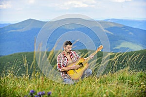 Inspired musician play rock ballad. Compose melody. Inspiring environment. Acoustic music. Summer music festival photo