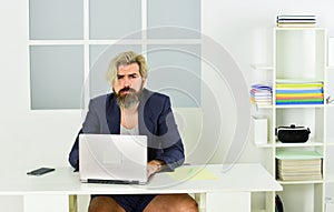 Inspired to work hard. bearded man looking at his laptop screen. making business at home. e-commerce and shopping
