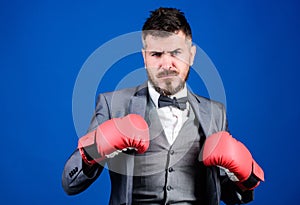 Inspired to work hard. knockout and energy. Fight. bearded man in boxing gloves punching. powerful man boxer ready for