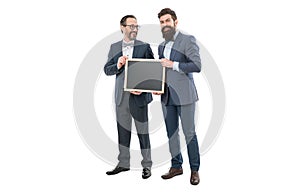 Inspired to work hard. partners celebrate start up business isolated on white. bearded men hold advertisement blackboard