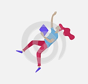 Inspired woman flying in space. Character moving and floating in dreams, imagination and inspiration. Flat design style