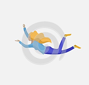 Inspired woman flying in space. Character moving and floating in dreams, imagination and inspiration. Flat design style