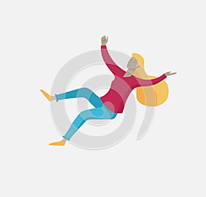 Inspired woman flying in space. Character moving and floating in dreams, imagination and inspiration. Flat design style