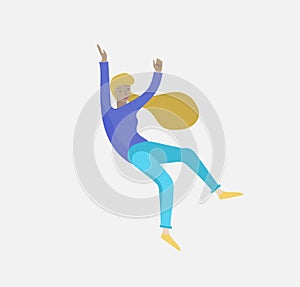 Inspired woman flying in space. Character moving and floating in dreams, imagination and inspiration. Flat design style