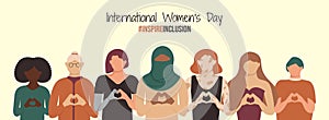 InspireInclusion 2024 International Women\'s Day banner. Multiracial crowd of disabled, different figure, ages and color