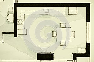 Inspiring black-and-white watercolor and ink illustrative material, showing condo apartment flat partial floor plan