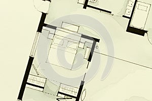 Inspiring black-and-white watercolor and ink illustrative material, showing condo apartment flat partial floor plan