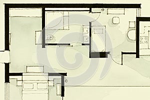 Inspiring black-and-white watercolor and ink illustrative material, showing condo apartment flat partial floor plan