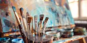 Inspiring Collection Of Brushes Ready For Painting In An Artist& x27;s Sunlit Studio. Generative AI