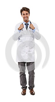 Inspiring confidence in his patients. Full length studio portrait of a handsome young doctor isolated on white.