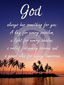 Inspiring God message design for Christianity with sunset background.