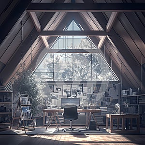 Inspiring Office Space with Large Windows and Wooden Ceiling Beams