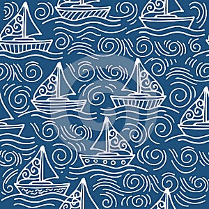 Inspiring seamless pattern with ships and the sea waves