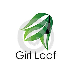 Inspiring women`s leaf logos, with green leaf designs and black abstraction women`s faces in combination