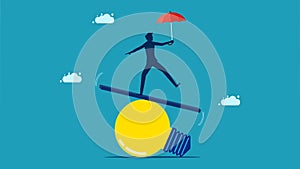 instability of thought. Balancing businessman on a light bulb. vector illustration