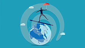 instability of the world. businessman stands in an unstable world. vector illustration