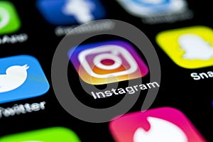 Instagram application icon on Apple iPhone X smartphone screen close-up. Instagram app icon. Social media icon. Social network