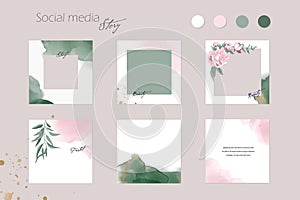 Instagram backgrounds, social media stories, posts feed layouts. pink green watercolor