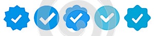 Instagram, Facebook, Twitter, Tiktok, Telegram set verified profile badges. Blue check mark verified account icons. Account photo
